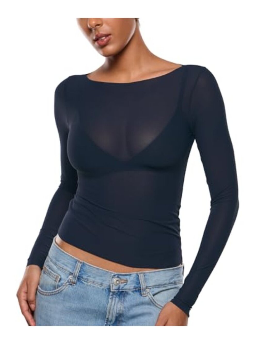 Women's Sheer Mesh Long Sleeve Top Boat Neck Slim Fit Blouse
